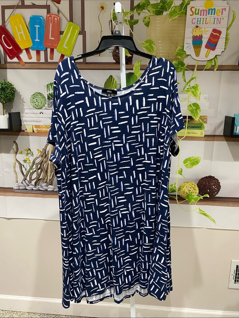 ellos Navy & White Printed Short-Sleeve Midi Dress 26/28. Ptp 27.